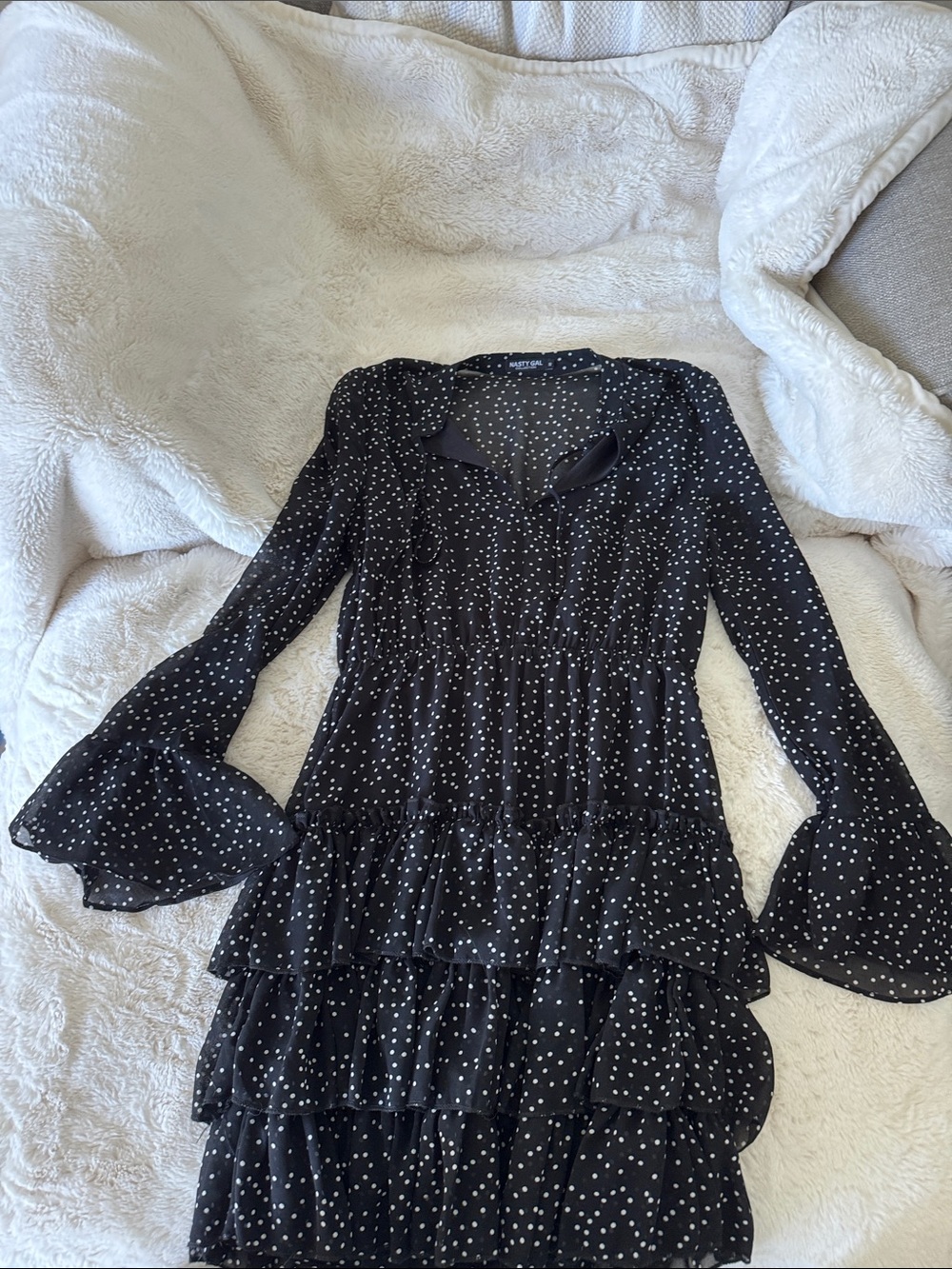 Nasty Gal Black Polka Dot Tiered Ruffle Long-Sleeve Dress